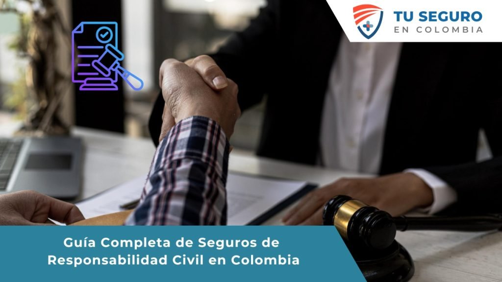 Ilustración de un empresario colombiano protegiendo su negocio y patrimonio con un escudo que representa la responsabilidad civil, rodeado de símbolos de seguridad y protección.