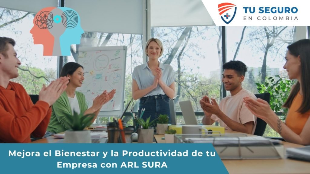 Empleados diversos en una oficina, felices y comprometidos. Un psicólogo habla con un empleado en un entorno de apoyo. La imagen incluye un gráfico sobre salud mental y el texto 'Mejora el Bienestar y la Productividad de tu Empresa con ARL SURA'