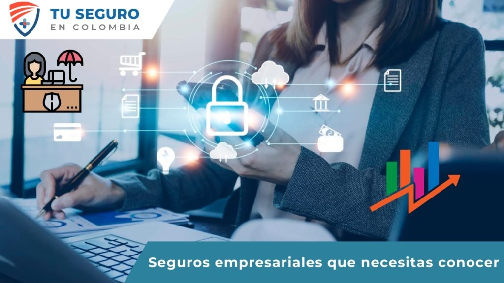 Una mujer de negocios revisa documentos mientras utiliza un dispositivo móvil. Iconos relacionados con la seguridad y protección digital flotan alrededor de un candado, representando la importancia de los seguros empresariales. El logotipo de "Tu Seguro en Colombia" aparece en la esquina superior izquierda. Texto en la parte inferior dice "Seguros empresariales que necesitas conocer".