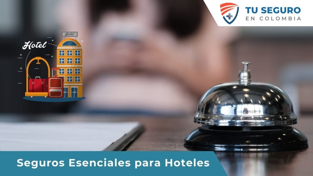 Imagen del escritorio de un hotel rodeado de un icono de un hotel resaltando la importancia de los seguros esenciales para la industria hotelera.
