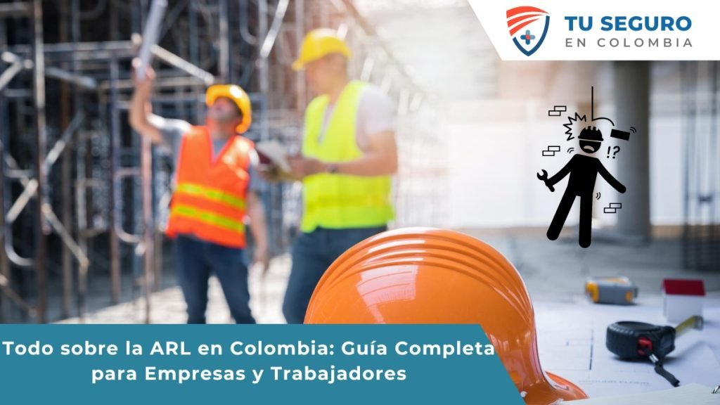 Ilustración de un trabajador y un empresario colombianos discutiendo sobre la ARL, con gráficos que representan estadísticas de accidentes laborales y protección laboral.