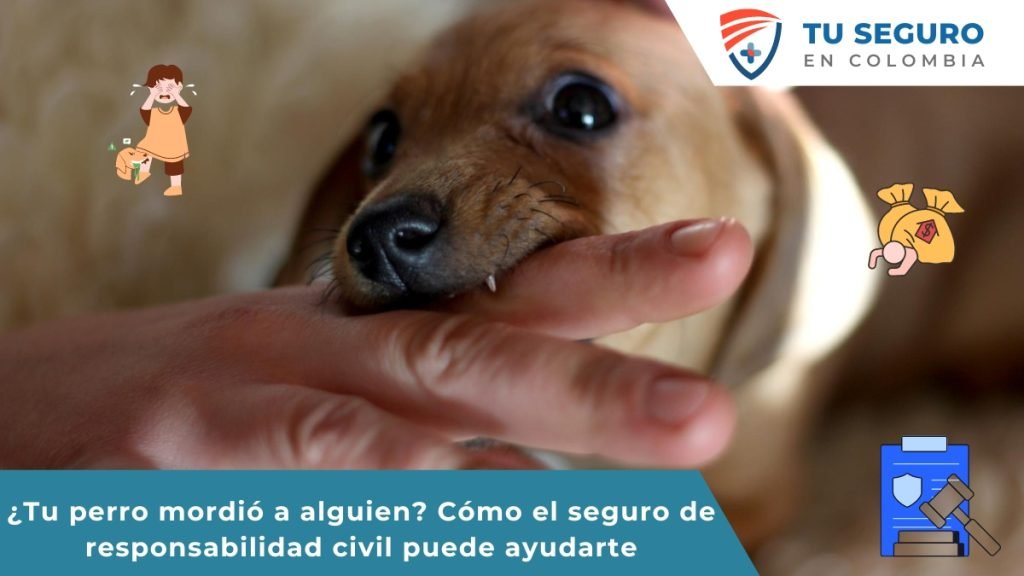 Un perro pequeño mordiendo la mano de una persona. La imagen está acompañada de íconos que representan una bolsa de dinero, una persona llorando y un documento legal, junto al logotipo de "Tu Seguro en Colombia".